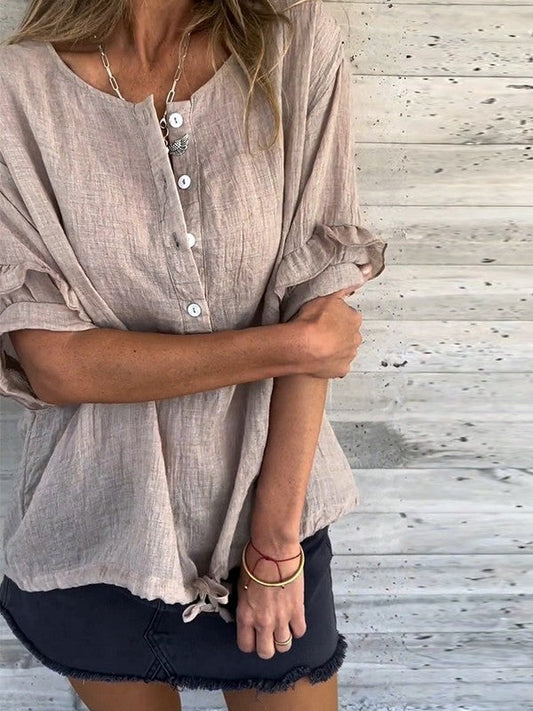 Ruffle Sleeve Relaxed Fit Natural Fibers Blouse