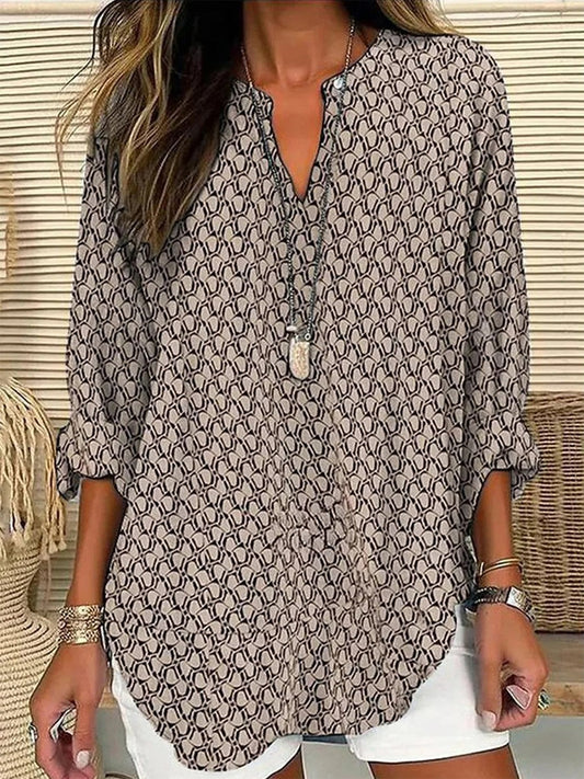 Geometric Pattern Loose Fit V-Neck Blouse