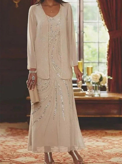 Women’s Sheath Dress with Jacket – V-Neck – Ankle Length – Embellished Luxury Fabric