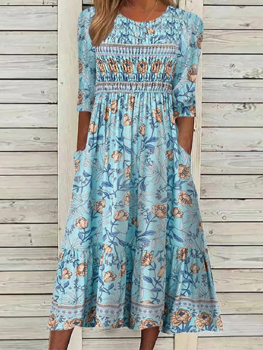 Smocked Floral Print Breathable Midi Dress