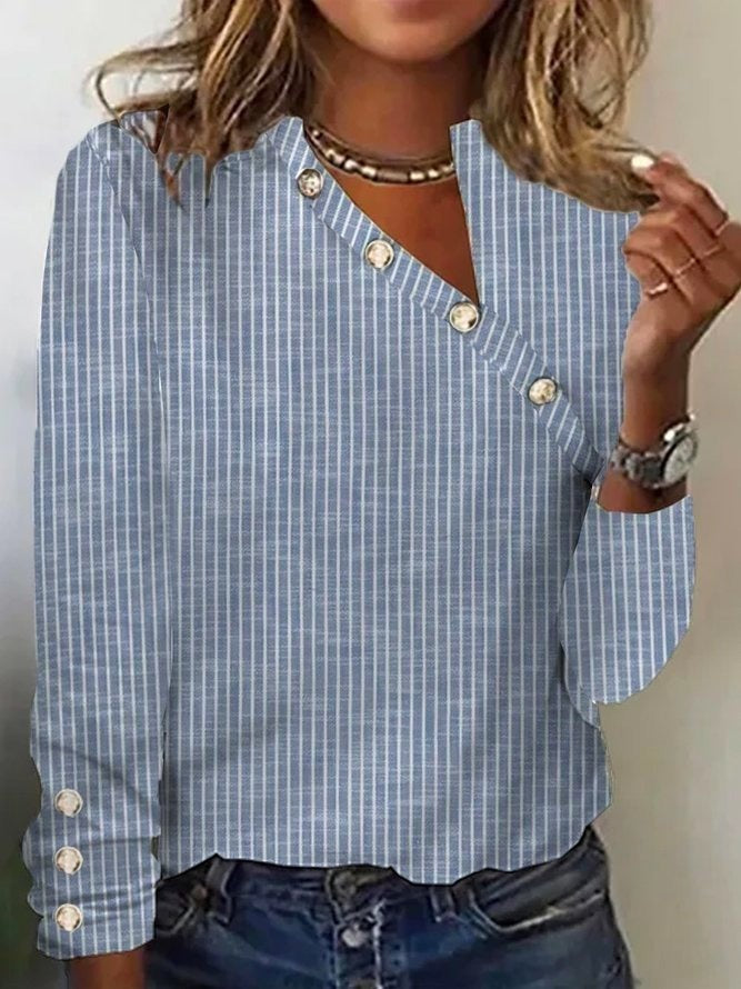 Women’s Blouse – Relaxed Fit – V-Neck – Striped – Button Detail – Breathable Blend