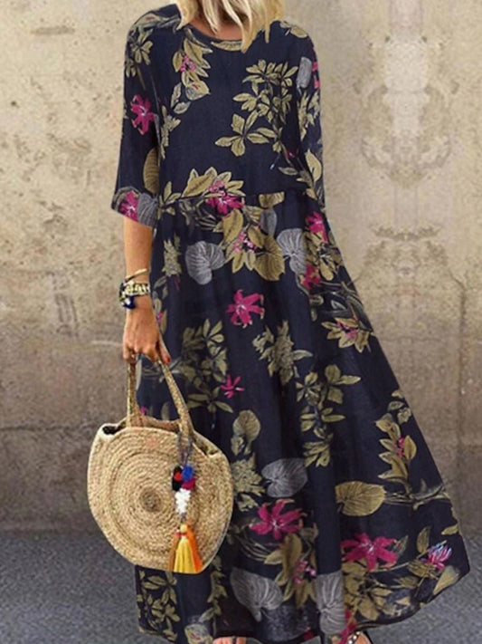 Breathable Floral Print Relaxed A-Line Midi Dress
