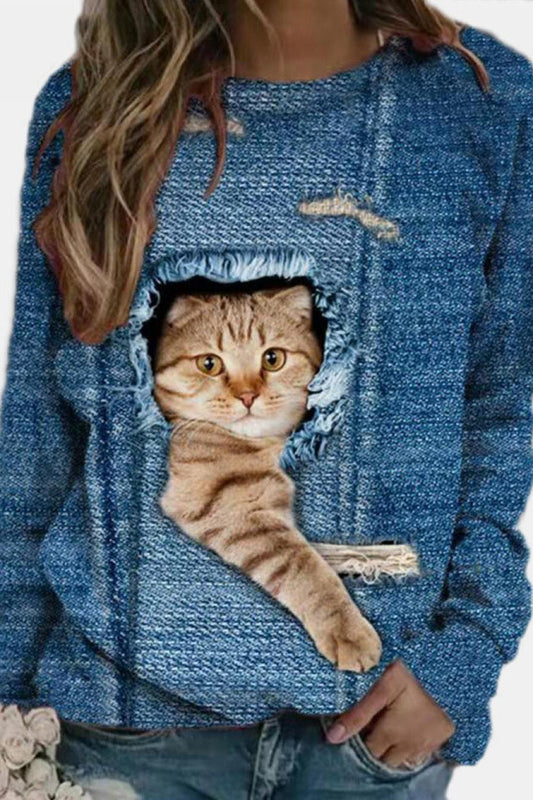 Relaxed Cotton Blend Cat Graphic Sweatshirt 