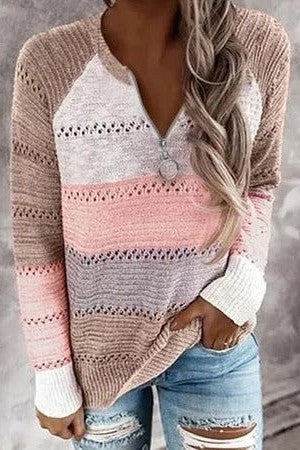 Knit Texture Relaxed Fit Zipper Neck Sweater 