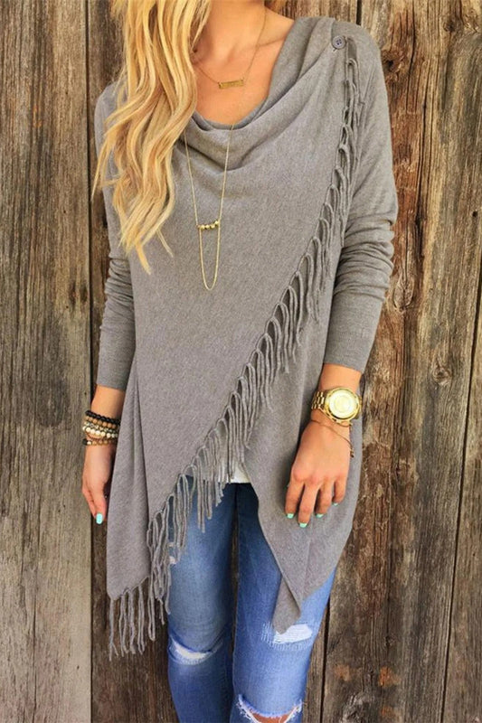 Tassel Trim Soft Knit Relaxed Cardigan Sweater 