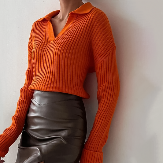 Elegant Ribbed V-Neck Collared Sweater