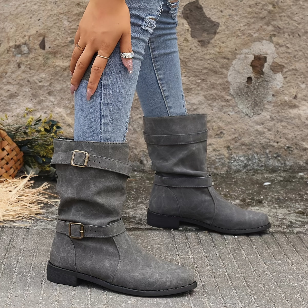 Women's retro charm slouchy buckle strap western ankle boots