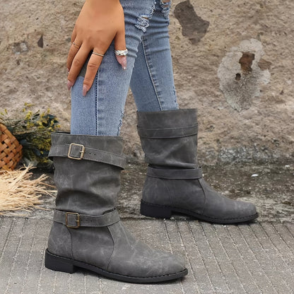 Women's retro charm slouchy buckle strap western ankle boots