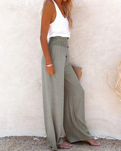 Women's High-Waisted Wide-Leg Pants - Lightweight Breathable Fabric - Elastic Back