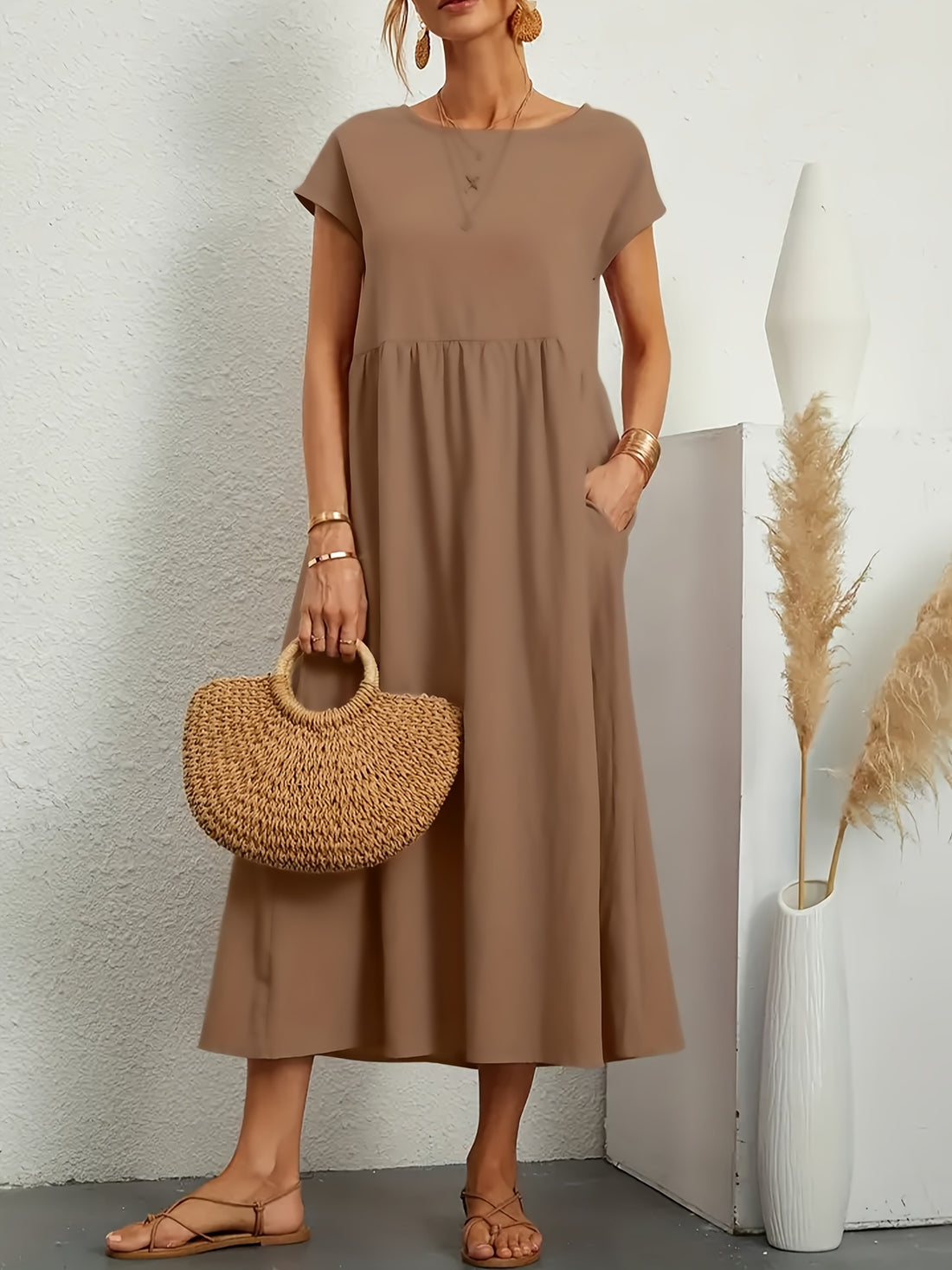 Casual short-sleeve tiered midi dress with pockets for women