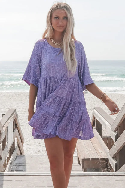 Women's Dress - Loose Fit - Tiered Skirt - Elbow Sleeve Casual Wear - Sequin Detail