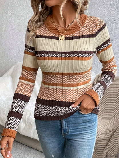 Women's striped round neck knitted top