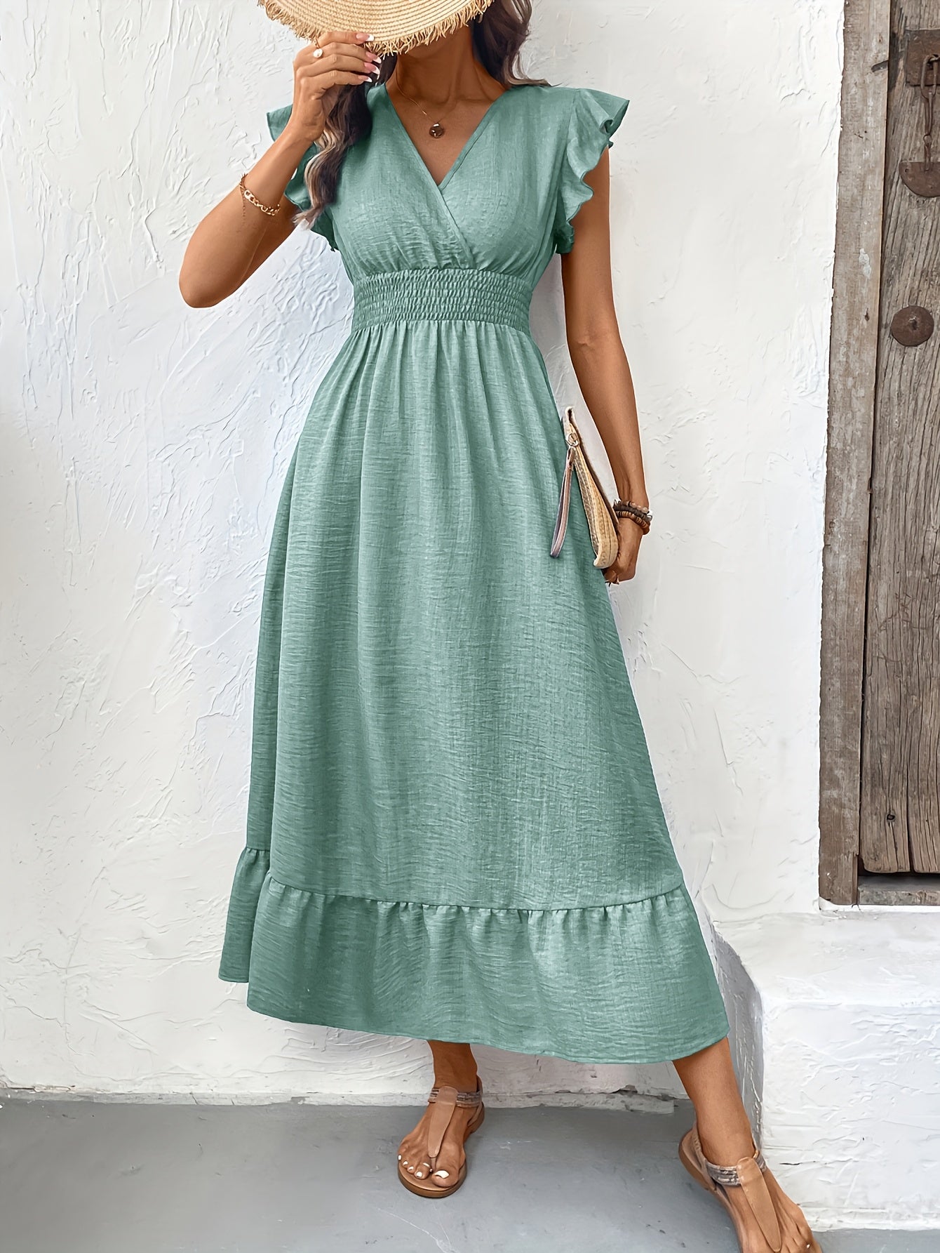 Women's Midi Dress - V-Neck Wrap Style - Flutter Sleeves - Smocked Waist - Ruffle Hem