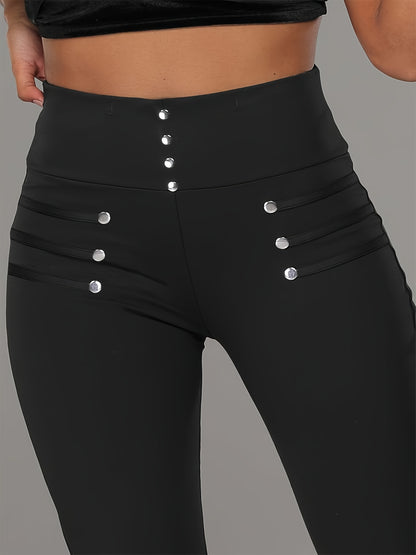 High-waist black button detail casual skinny pants for women
