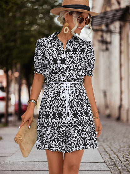 Women's Short Dress - Geometric Print - Collared Neckline - Short Puffed Sleeves - Fitted Waist