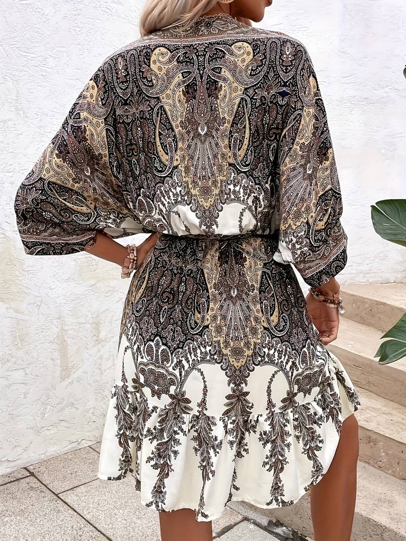 Paisley Print Flowy Boho Knee-Length Dress