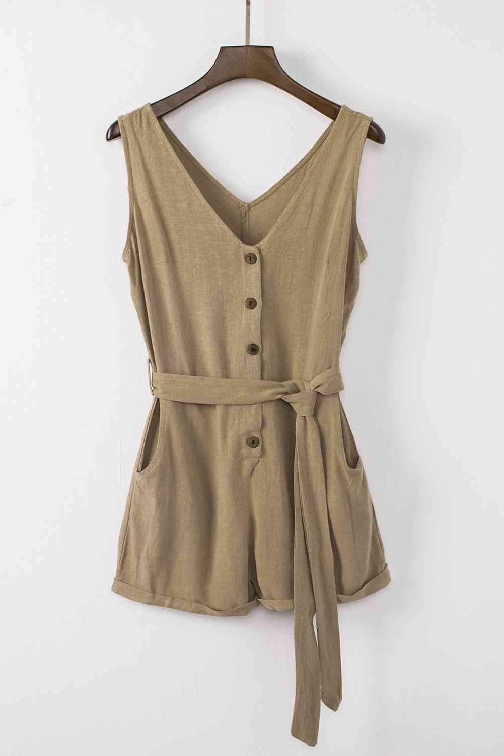 Women's Sleeveless Romper - V-Neck Button Front - Tie Waist Casual Shorts