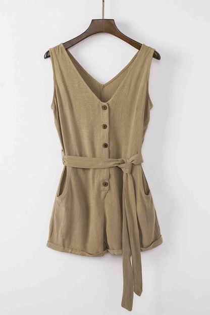 Women's Sleeveless Romper - V-Neck Button Front - Tie Waist Casual Shorts