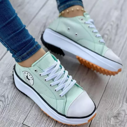 Women's Platform Sneakers - Canvas Upper - Lace-Up - Thick Cushioned Sole - Low-Top