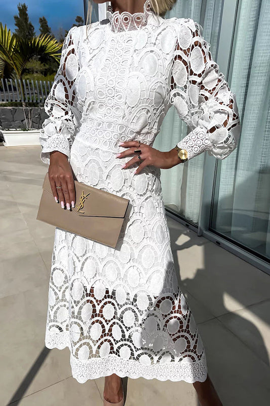Lace Fitted High Neck Midi Dress