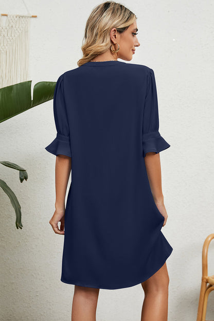 Women's Shift Dress - V-Neck - Elbow Sleeve with Ruffle Hem - Casual Loose Fit
