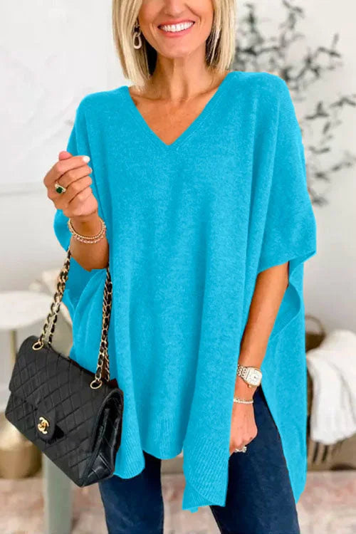 Women's Poncho Top - Loose Fit - Soft Knit - V-Neck Flowy Draped Style