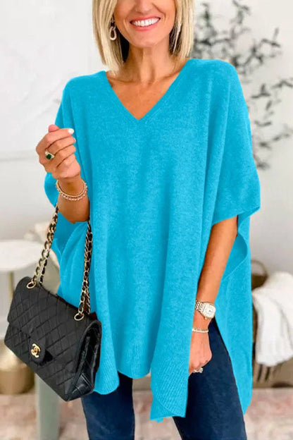 Women's Poncho Top - Loose Fit - Soft Knit - V-Neck Flowy Draped Style