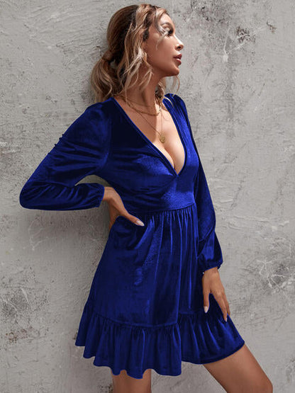 Women's Dress - Soft Luxe Fabric - Deep V-Neck - Long Balloon Sleeves - Ruffled Hem