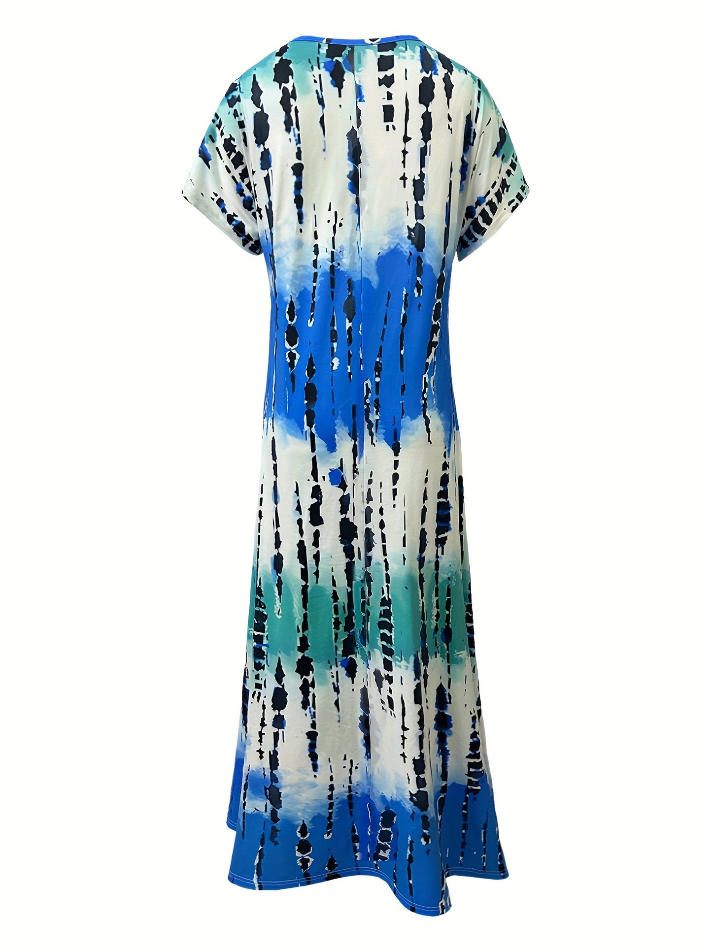 Women's Maxi Dress - Tie-Dye Print - V-Neck - Short Sleeve - Flowy with Side Slits