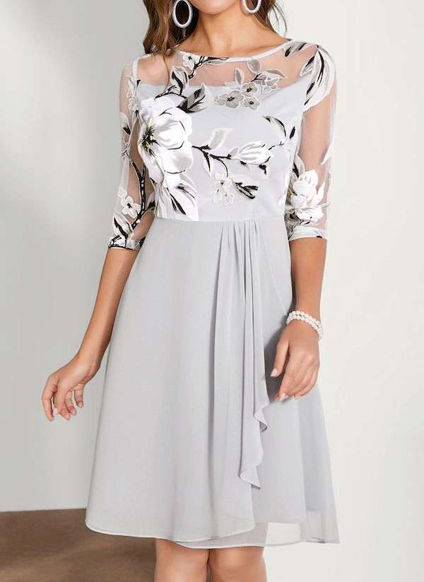 Women's A-Line Dress - Sheer Mesh & Floral Embroidery - Half Sleeve - Cocktail & Semi-Formal
