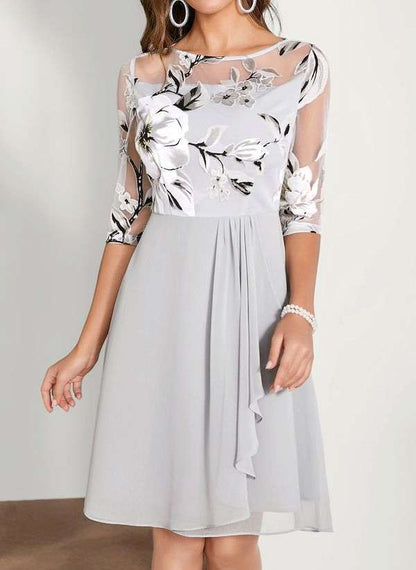 Women's A-Line Dress - Sheer Mesh & Floral Embroidery - Half Sleeve - Cocktail & Semi-Formal