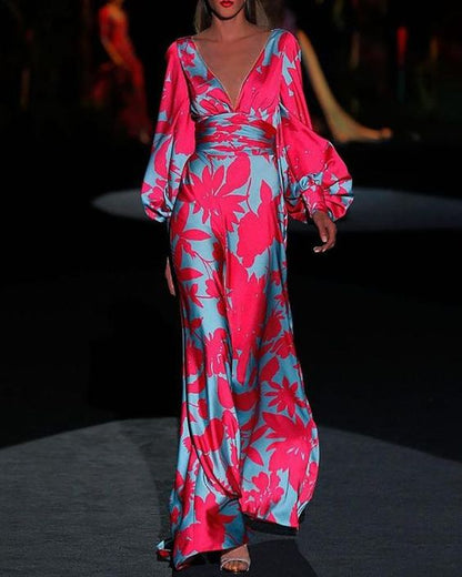 Women’s Gown - Maxi Length - Deep V-Neck - Bishop Sleeves - Elegant Formal Wear