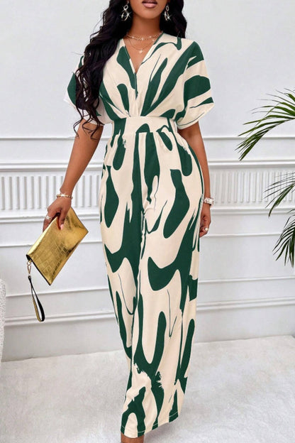 Women's Jumpsuit - V-Neck - Short Sleeve - Wide Leg - Cinched Waist - Lightweight