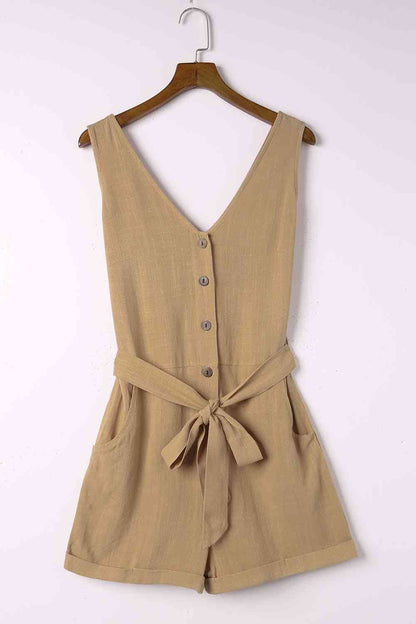 Women's Sleeveless Romper - V-Neck Button Front - Tie Waist Casual Shorts