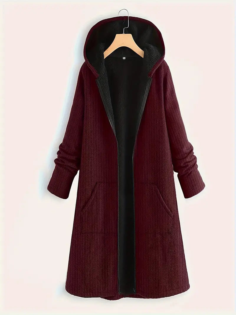 Long warm hooded jacket with zip closure for women