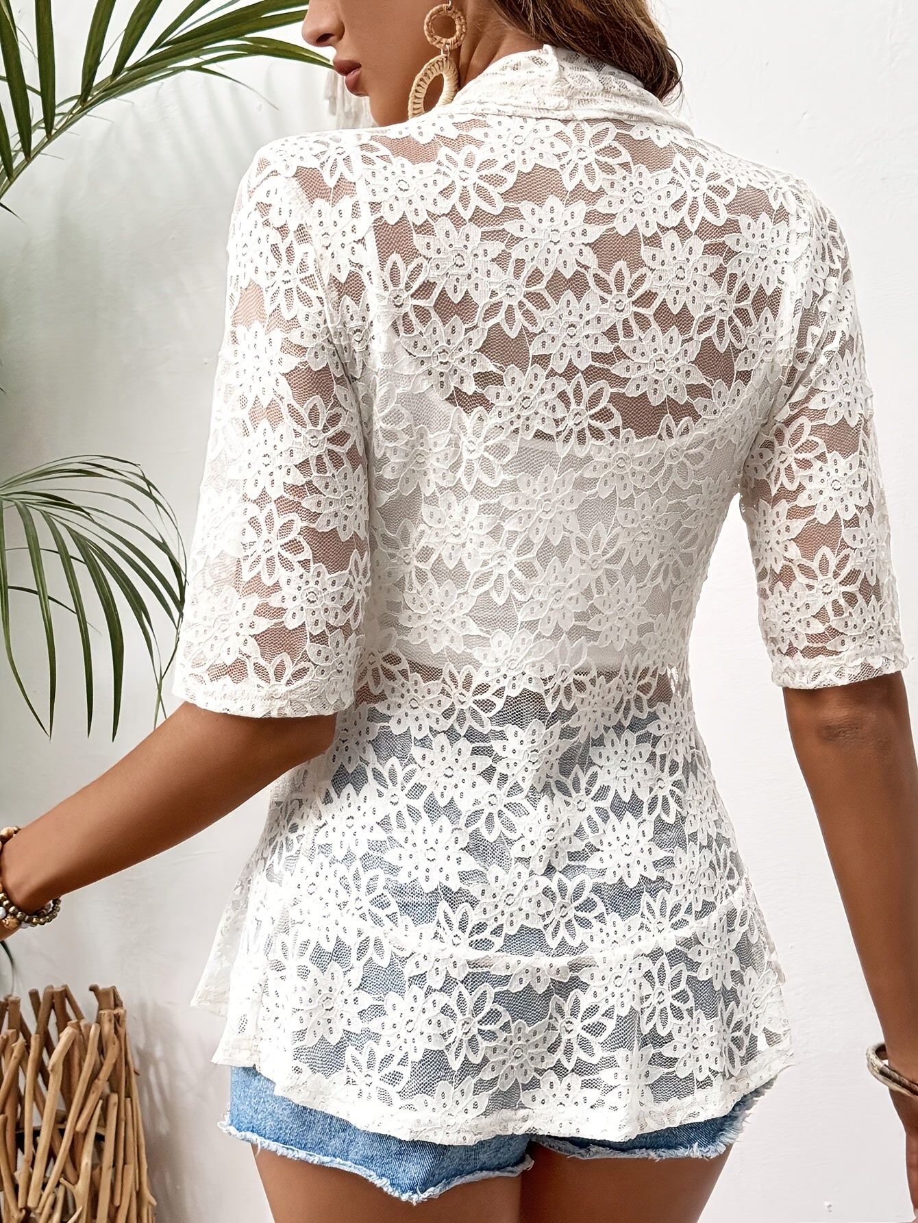 Short-sleeved floral lace hollow design cardigan for women