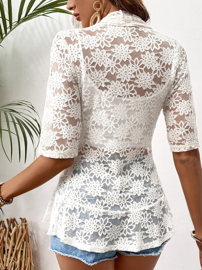 Short-sleeved floral lace hollow design cardigan for women