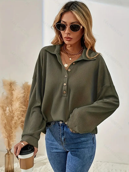 Women's Ribbed Button-Down Shirt - Long Sleeve - Relaxed Fit - Classic Collar