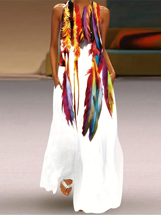 Printed Maxi Dress with Pockets and V-Neck