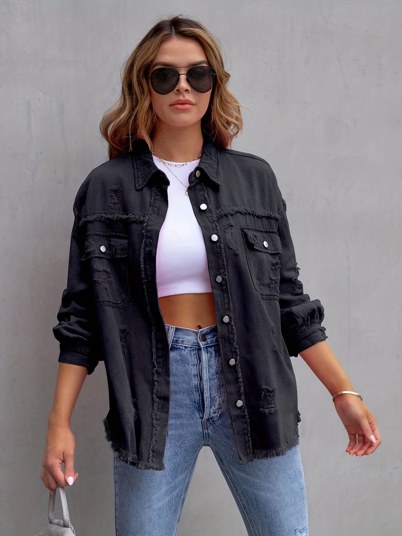 Women's ripped oversized denim jacket