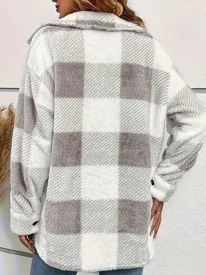 Women’s warm plaid lapel button plush jacket