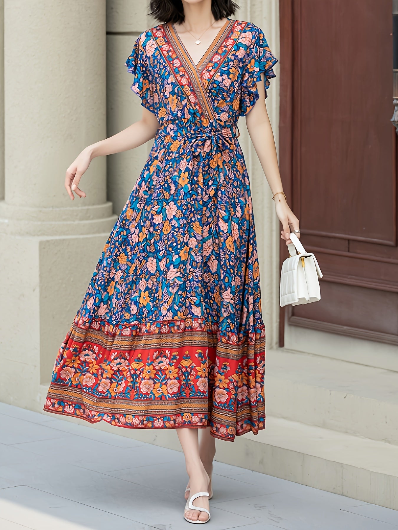 Women’s Maxi Dress - Bohemian Wrap Style - Floral Print - Short Ruffled Sleeves