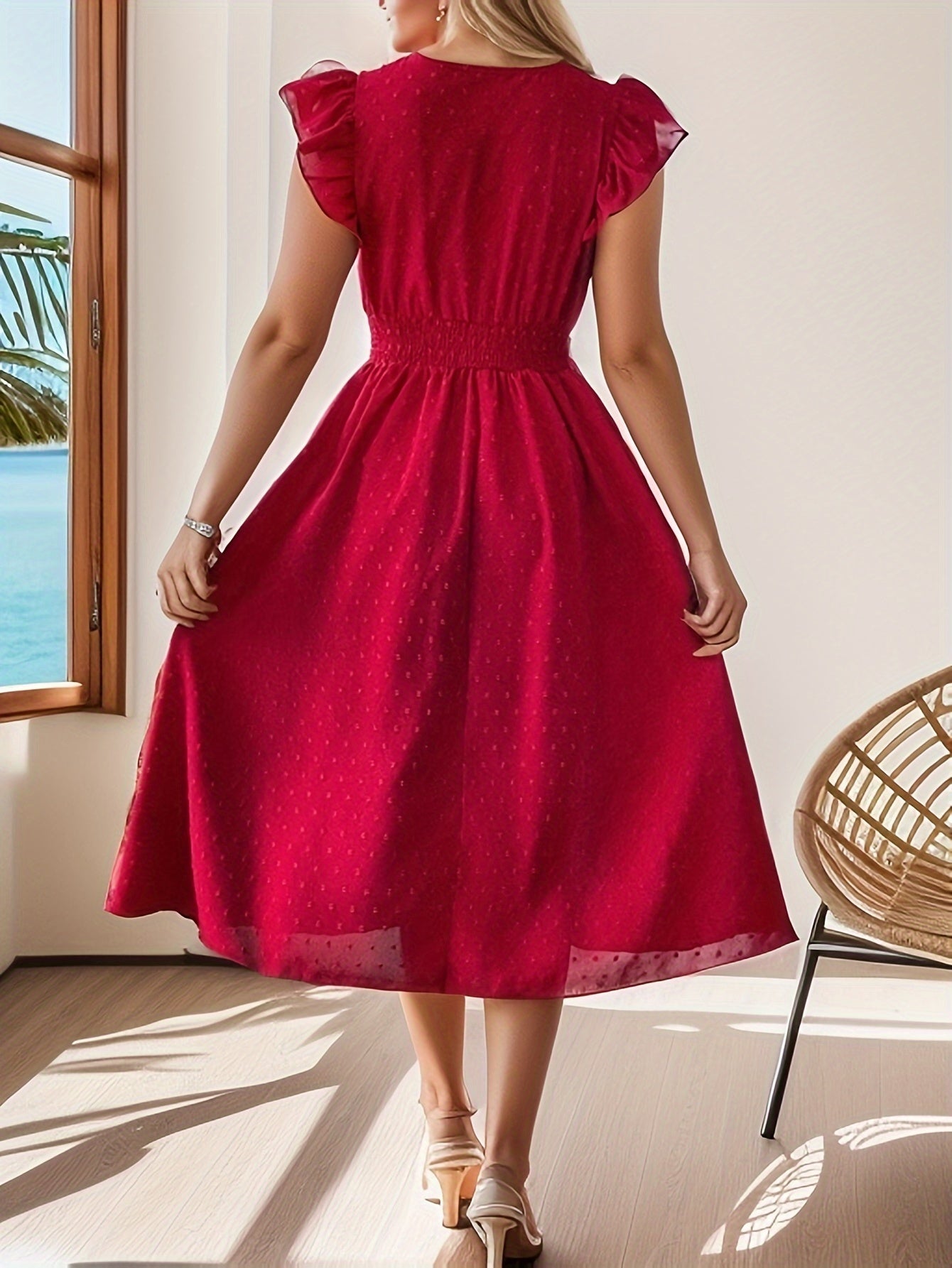 Women's Midi Dress - V-Neck Button Down - Flutter Sleeve - Shirred Waist - A-Line Flow
