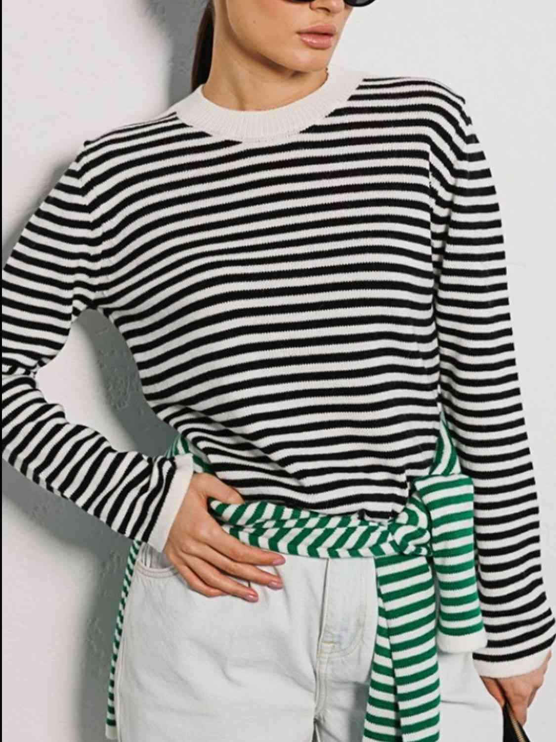 Women's striped round neck long sleeve sweater