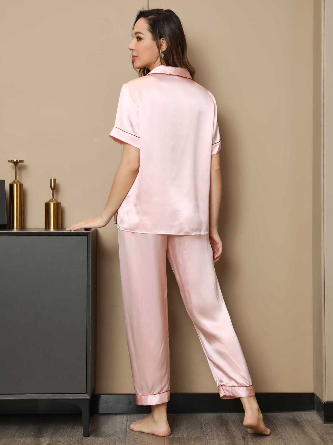 Women's imitation silk pajama set with trim