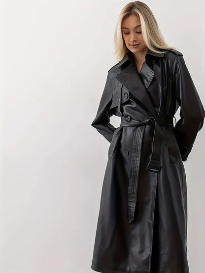 Trench coat pu leather with belt for women