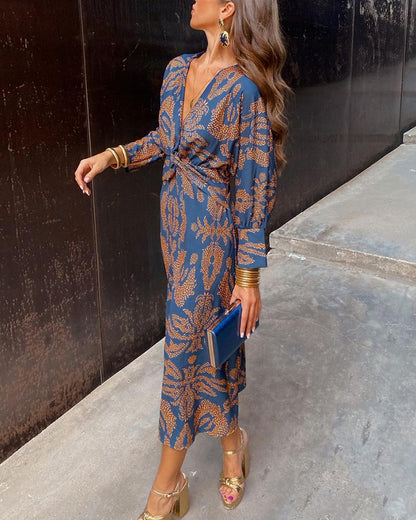 Women's Wrap Dress - Knee-Length - Long Sleeve - V-Neck Elegant Floral Print