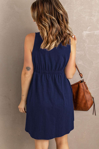 Women's Sleeveless Button-Up Mini Dress - V-Neck - Elastic Waist - Casual Fit