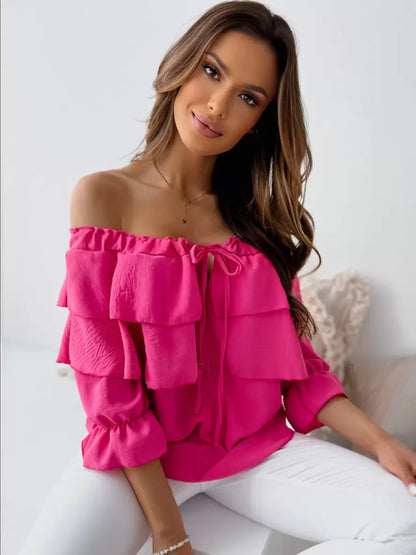 Women's Off-Shoulder Blouse - Ruffled Layered Design - 3/4 Sleeve Tie Neck
