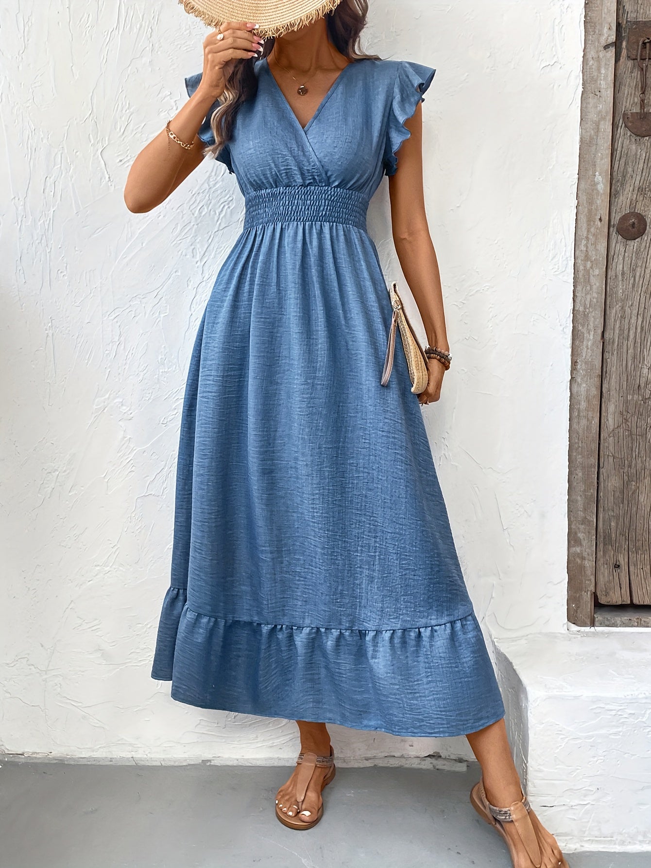 Women's Midi Dress - V-Neck Wrap Style - Flutter Sleeves - Smocked Waist - Ruffle Hem